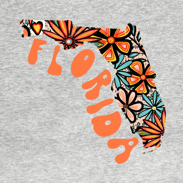 Florida State Design | Artist Designed Illustration Featuring Florida State Outline Filled With Retro Flowers with Retro Hand-Lettering by MarcyBrennanArt